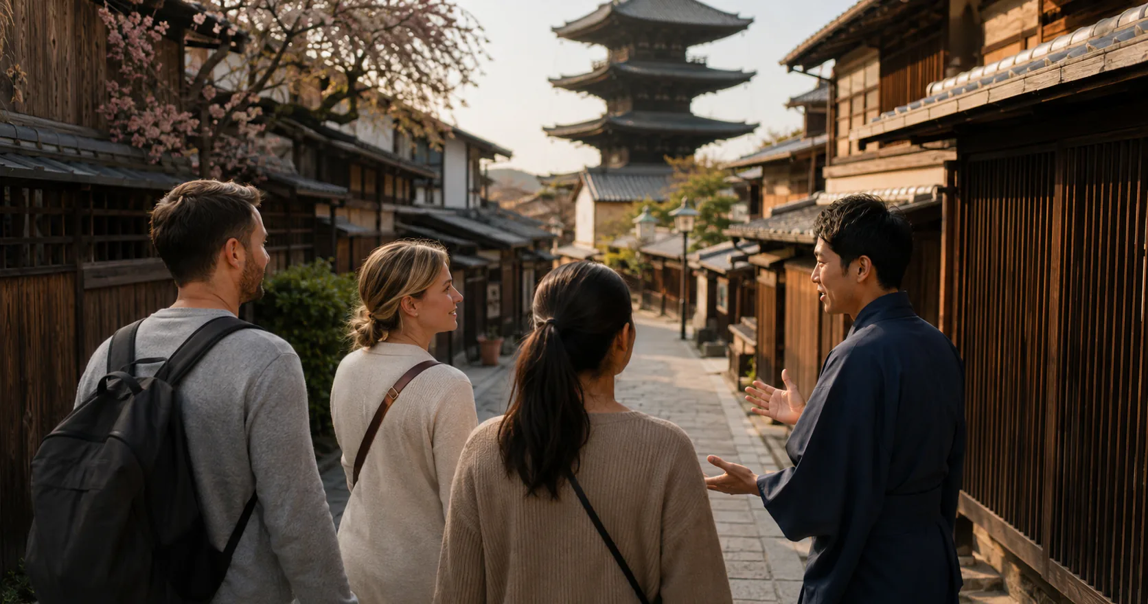 Guide leading international visitors through Kyoto's historic streets