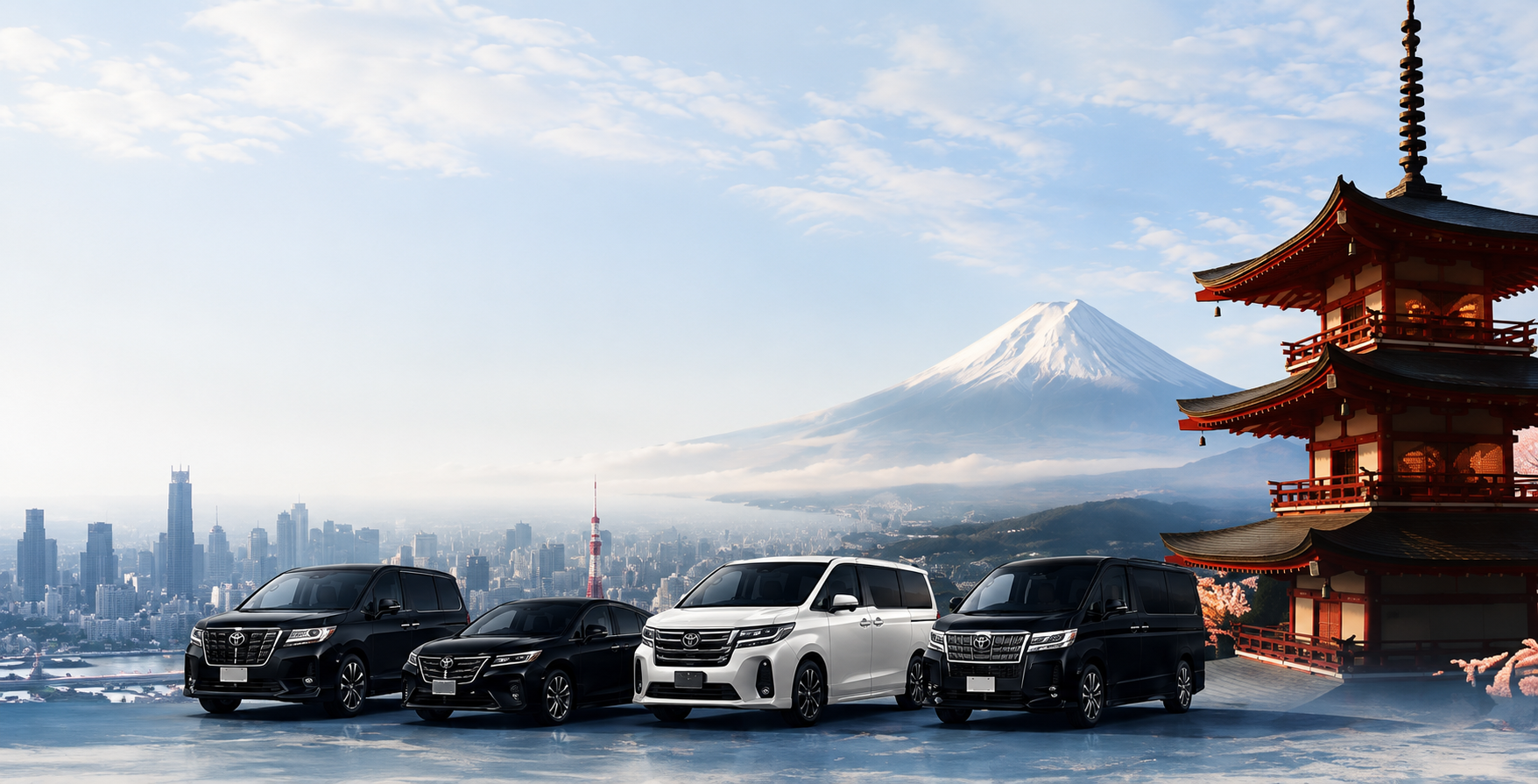 Premium transfer vehicles with Mount Fuji and a Japanese pagoda